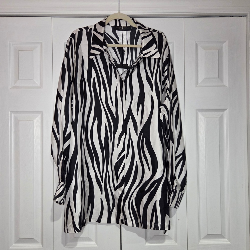 Marina Rinaldi Ballata Shirt 24W Black White NWT Silk Zebra Print Blouse $885